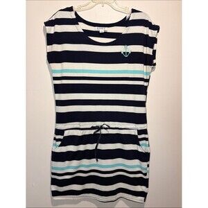 Exist Nautical Striped Drop Waist Anchor Detail Mini Dress Pockets Cap Sleeves L